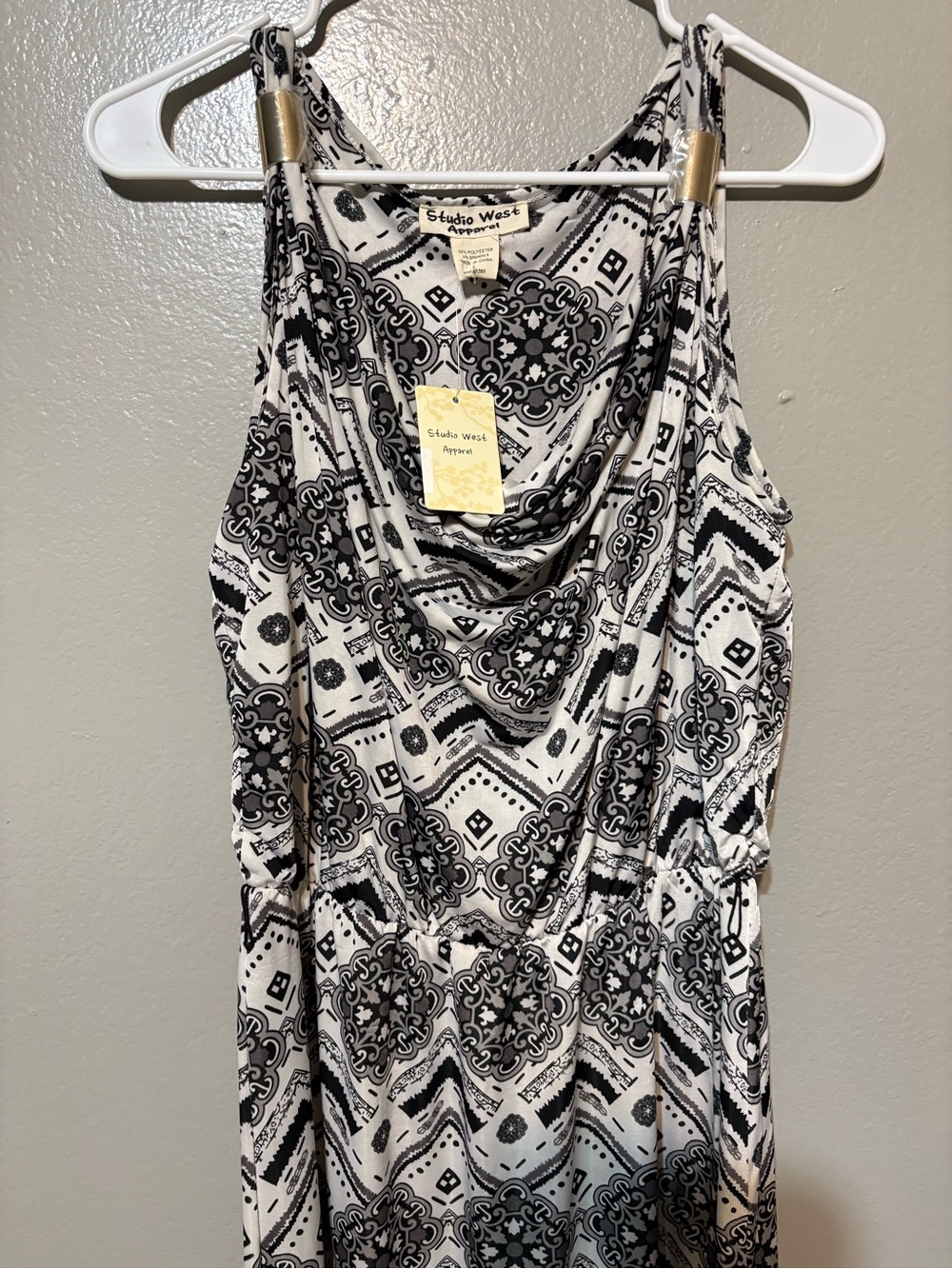 Women’s Sleeveless NWT Studio West Black & White Cowl Printed Midi Dress Size L - Picture 2 of 14